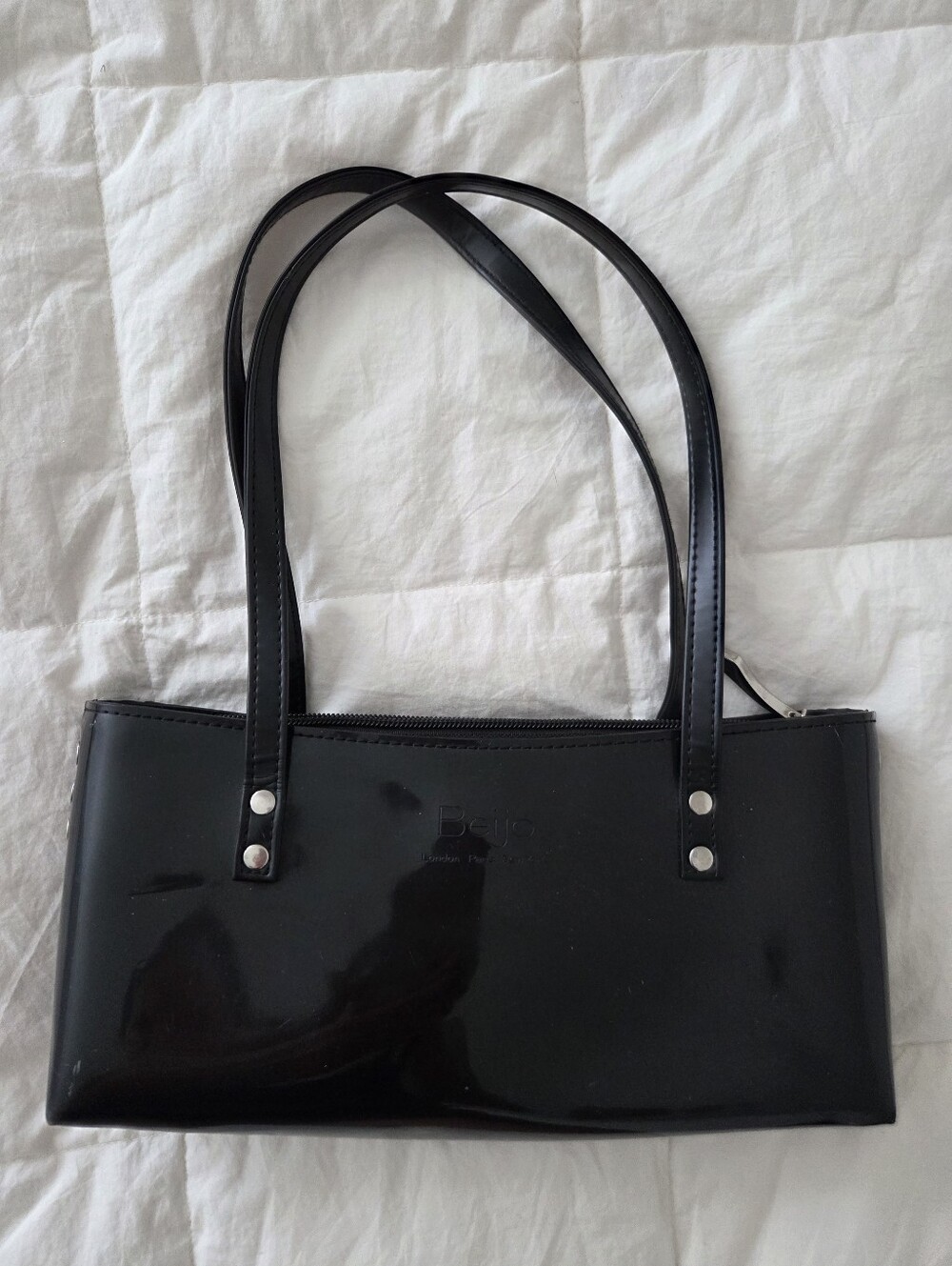 Vintage Beijo Shiny Black Patent Vinyl Shoulder Bag Y2K Baguette Purse